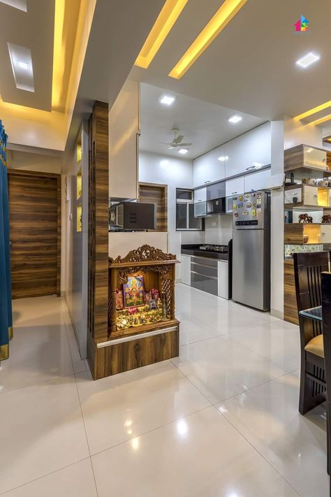 Devghar Design In Kitchen, Puja Room In Kitchen, Pooja Room In Dining Area, Small Mandir Interior Design, Kitchen With Pooja Room, Devghar Design Small In Kitchen, Kitchen With Pooja Room Design, Mandir In Kitchen, Pooja Room In Kitchen Ideas