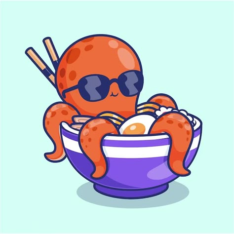 Catalyststuff | Freepik Octopus Cartoon Drawing, Octopus Character Design, Squid Drawing, Octopus Cartoon, Glasses Cartoon, Cartoon Octopus, Noodle Art, Box Illustration, Octopus Illustration