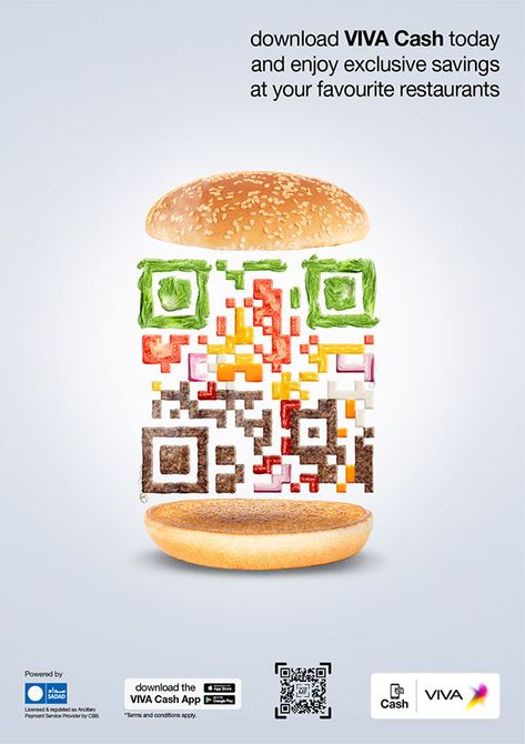 VIVA CASH QR CODES on Behance Burger Poster Design Ideas, Social Posts Ideas, Qr Code Advertising, Qr Code Ideas Creative, Cool Social Media Posts, Fast Food Advertising Poster, Food Advertising Poster, Creative Qr Code, Advertising Ideas