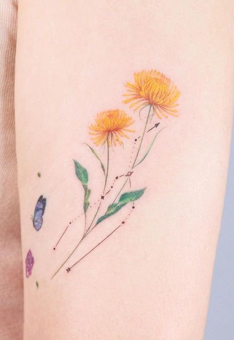 What Do Dandelion Tattoos Mean? Is It For You? Tatoos Woman Dandelion, Yellow Dandelion Tattoo Design, Dandelion Bouquet Tattoo, Dandelion Tattoo Design Simple, Dandelion And Butterfly Tattoo, Yellow Dandelion Tattoo, Dandelion Tattoo Design For Women, Dandelion Flower Tattoo, Watercolor Dandelion Tattoo