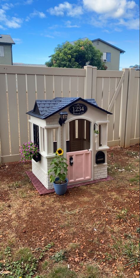 Bought the little tokes cape cottage playhouse and gave it a makeover! It even has real lights! #playhousemakeover#playhouseflip#playhouse#makeover#littletikescapecottage#pinspire Step 2 Cottage Playhouse Makeover, Cape Cottage Playhouse Makeover, Little Tikes Cottage Makeover, Little Tikes Cape Cottage Makeover, Repurpose Playhouse, Decorated Playhouse, Repurposed Playhouse, Makeover Playhouse, Playhouse Renovation