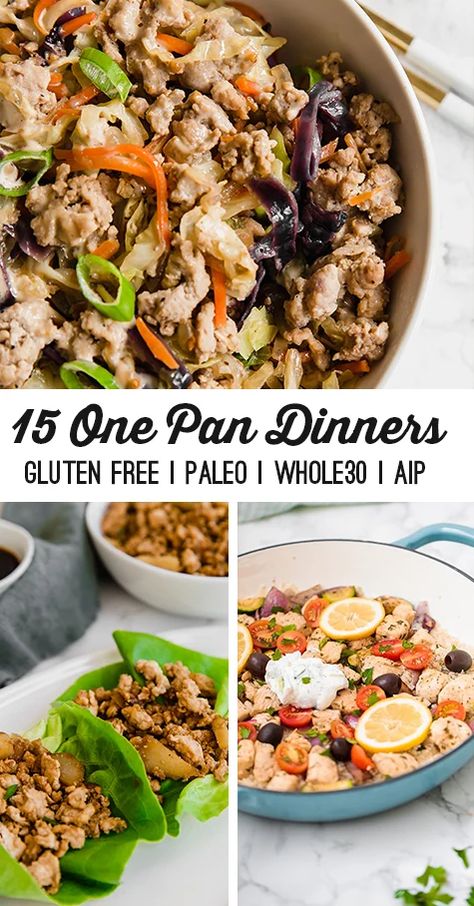 These 15 recipes are perfect for easy, no-fuss, delicious one-pan dinners! They're paleo, AIP, and many are Whole30, but they're so delicious that your family will feel like they're eating restaurant-quality meals every night! Aip One Pan Meals, Paleo Dinner For One, Wellness Way Recipes, Easy Healthy Whole Food Meals, Aip Gluten Free Recipes, Unbound Wellness Aip, Repairvite Diet Recipes, Paleo Main Dish Recipes, Elimination Diet Recipes Dinner