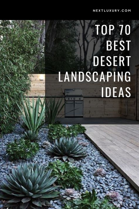 The desert often gets a bad rep in comparison to its lush green counterparts. When we think landscaping, it’s usually within the context of flora & fauna; of woodland surroundings or tropical havens.However, the desert holds a striking beauty of its own, and many are reassessing the potential of their own arid abode. #nextluxury #homedesign #homedecor #homedecorideas Lush Arizona Backyard, Outdoor Drought Tolerant Landscaping, Desert Zen Garden Landscape Design, Desert Fire Pit Ideas Backyard, Tropical Desert Landscape, Modern Desert Front Yard Landscaping, Desert Pool Landscape, Landscaping Desert Front Yard, Desert Front Yard Ideas