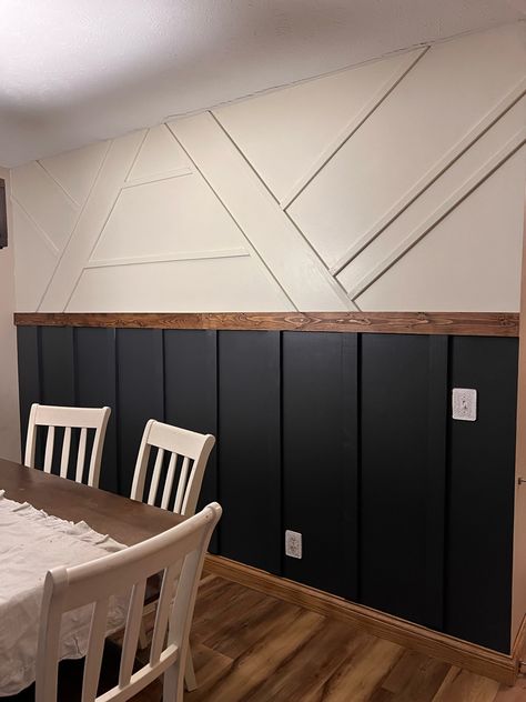 Black wall, wood wall, accent wall Accent Wall Ideas Half Wall, Wood Walls With Black Trim, Black Wall With Paneling, Three Quarter Accent Wall, Black And Tan House Decor, Black Accent Kitchen Wall, Black And Cedar Accent Wall, Diy Wood Accent Wall Dining Room, Wood Trim Accent Wall Around Window