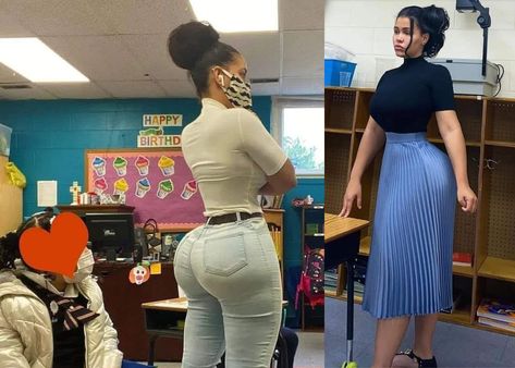 A curvy art teacher Roxsana Diaz from New Jersey is being trolled by parents and social media users for posting tight clothing. How To Be Curvy, Cute Teacher Outfits Elementary, Elementary Teacher Outfits, Curvy Teacher Outfits, High School Teacher Outfits, Skirt And Tights Outfit, Professional Teacher Outfits, Teacher Dress Code, Clothes Curvy