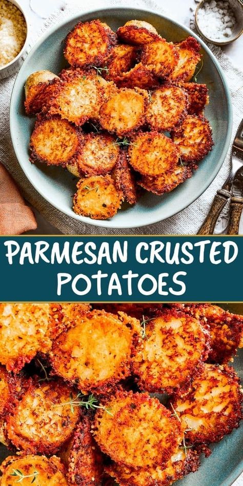 Roast Parmesan Potatoes, Cheesy Parmesan Potatoes, Crunchy Cheesy Potatoes, Potatoe Crisp Recipe, Sweet Potato Parmesan Recipes, Parmesan Crusted Potatoes Smashed, Crusty Parmesan Potatoes, Parmesan Encrusted Potatoes, Crispy Crunchy Parmesan Potatoes Recipe