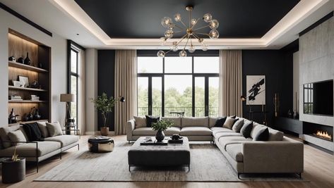 Create a bold and sophisticated living room with a black ceiling. Learn how to balance the darkness with light-colored walls and statement lighting. Black Ceiling White Walls Living Room, Black Living Room Ceiling, Black Ceiling Ideas, Black Ceiling Living Room, Dark Tv Room, Guys Living Room Ideas, Black Ceiling White Walls, Dark Ceiling Living Room, Guys Living Room