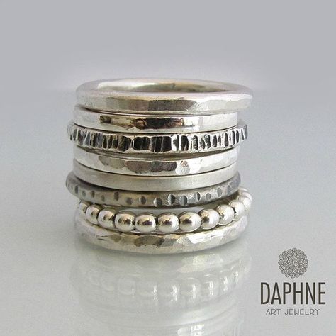 Silver stackable rings. Now available in my Etsy shop  #stackingrings #silverstacking #daphneartjewelry Silver Boho Rings, Sterling Silver Layered Necklace, Rings For Women Silver, Silver Bracelet Stack, Silver Ring For Men, Rings Stacking, Silver Rings For Women, Stackable Rings Silver, Hammered Silver Ring