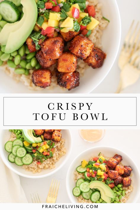 I remember the first time I ordered the Crispy Tofu Bowl from Cactus Club … uh-mazing! I have been dreaming about it ever since and finally found the time to recreate it to share with you… of course! This Crispy Tofu Bowl is loaded with delicious healthy ingredients! #tofubowl #healthyrecipe #tofubowlrecipe #bowlrecipe #healthytofubowl #healthylifestyle #crispytofubowl #crispytofurecipe Cactus Club Tofu Bowl, Crispy Tofu Bowl Cactus Club, Quinoa And Tofu Bowl, Crispy Tofu Rice Bowl, Cactus Club Salad Recipes, Air Fryer Tofu Bowl, Crispy Tofu Salad, Tofu Salad Bowl, Cactus Club Recipes