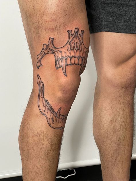 Skull Jaw Tattoo, Jaw Tattoo Knee, Vampire Teeth Tattoo, 108 Tattoo, Skull Jaw, Jaw Tattoo, Teeth Tattoo, Tattoo Knee, Knee Tattoos