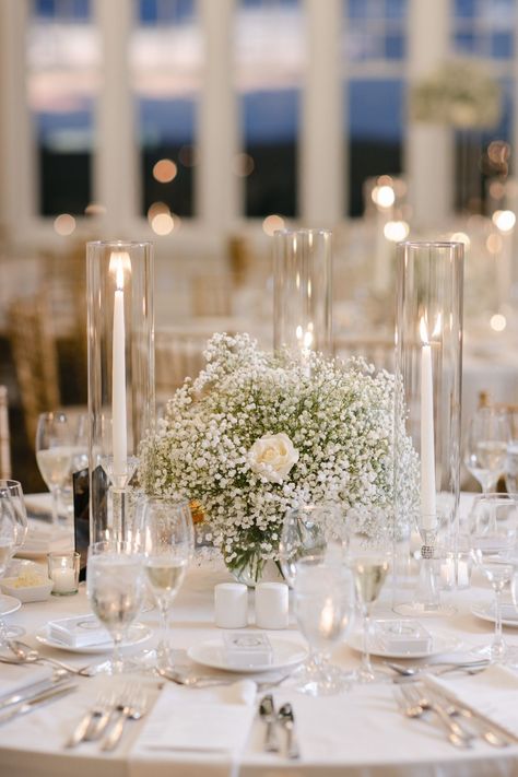 Steakhouse Wedding Reception, Classy December Wedding, Candle Seating Chart, Emerald Green Centerpieces Wedding, Classy Wedding Details, Black Tie Wedding Decorations, Simple White Wedding Flowers, Timeless Winter Wedding, Black And White Table Centerpieces