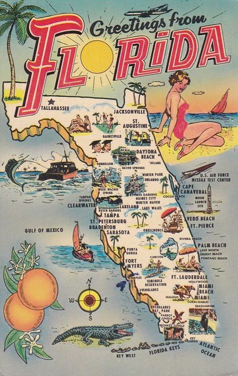 Old Florida 1965 Florida Poster, Florida Map, Vintage Postcards Travel, Postal Vintage, Florida Art, Map Of Florida, Travel Postcard, Florida Living, Voyage Europe