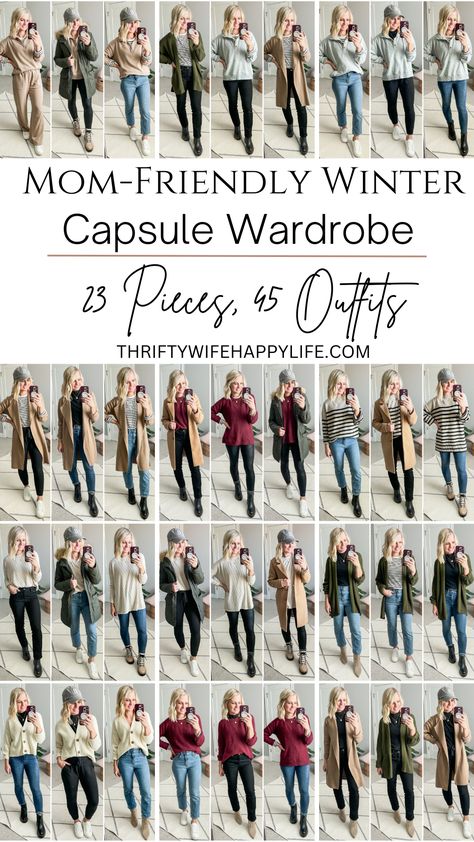 Mom-Friendly Winter Capsule Wardrobe for Winter 2023/2024 Casual Dress Up Outfits Winter, Mom Outfits Capsule Wardrobe, French Inspired Capsule Wardrobe, Mom Style Winter 2023, Casual Outfit For Winter, Women’s Winter Capsule Wardrobe, Winter Clothes Capsule, Women’s Work Outfits Winter, Winter Styles For Women 2024