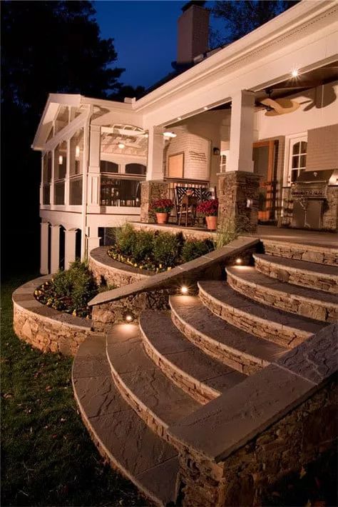 27 Outdoor Step Lighting Ideas That Will Amaze You Outdoor Steps From House To Patio, Steps Up To House, Patio With Steps Down From House To Pool, Stairs Leading To Patio, Outside Stairs Ideas, Outside Steps Ideas, Patio With Steps Down From House, Front Stairs Ideas Exterior, Outdoor Stairs Ideas