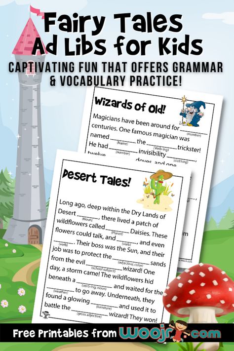 Fairy Tales Ad Libs for Kids | Woo! Jr. Kids Activities : Children's Publishing Mixed Up Fairy Tales Activities, Fairy Tale Mad Libs, Forest Homeschooling, Fairytale Activities, Fairy Tales Lesson Plans, Parts Of Speech Practice, Fractured Fairytales, Fairytale Lessons, Fairytale Ball