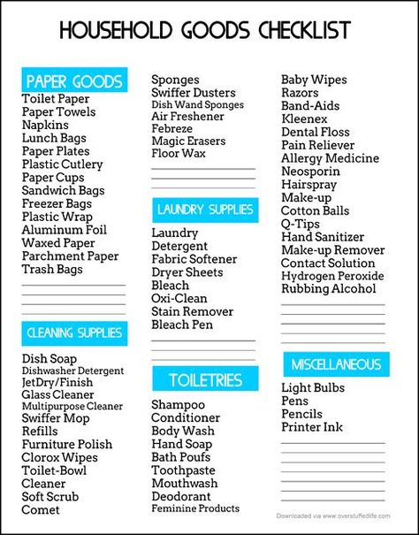 Love to bulk buy when things are on sale? Check out this printable to keep track of your household goods and inform your shopping! Organisation, New Home Essentials, New Home Checklist, Allergy Medicine, First Apartment Checklist, Deep Cleaning Tips, Household Goods, Budget Planer, Dishwasher Detergent