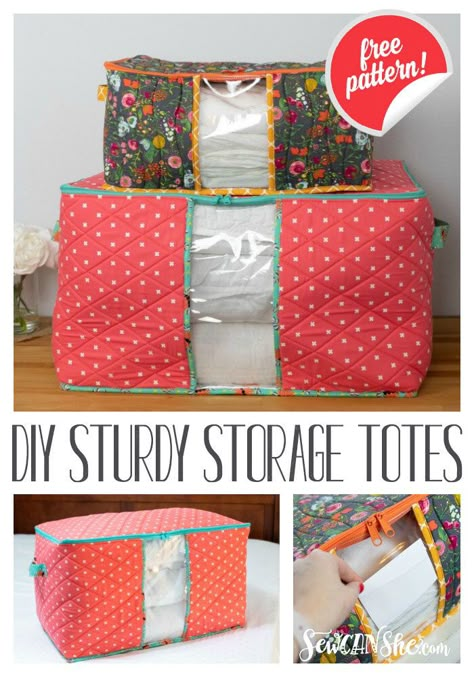 DIY Sturdy Storage Totes - free sewing pattern in 2 sizes! Busy Calendar, Clutch Tutorial, Storage Totes, Pretty Storage, Bag Sewing Pattern, Sewing Projects Free, Storage Tote, Free Sewing Patterns, Free Sewing Pattern