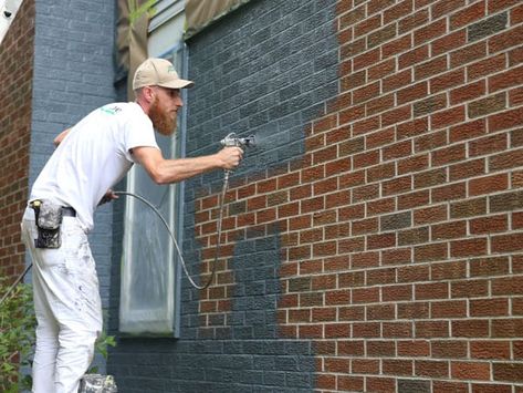 Spray painting a houses brick exterior in Scio Township Black Brick House Exterior, Painting Brick Exterior, Brick And Siding Exterior, Black Brick House, Painted Brick House Exterior, Painting Brick, Best Exterior House Paint, Red Brick Exteriors, Painted Brick Exteriors