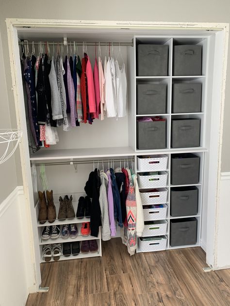 Cute Closet Organization Small Spaces, 2 Door Closet Organization, Closet Organization Ideas Small Closet, Closet Organization With Shoe Storage, Creating A Closet In A Small Bedroom, Shallow Closet Ideas Bedrooms, Walk In Closet Ideas Square Room, Super Small Closet Organization, Small Closet Set Up Ideas