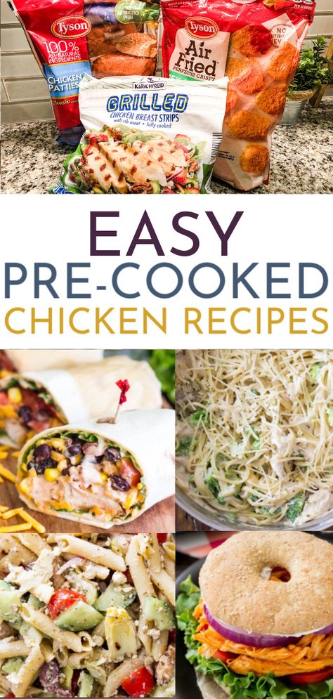 These easy precooked chicken recipes were such a time saver this week! I grabbed a few packs of tysons frozen grilled chicken strips and we had dinner ready in less than 15 minutes all week! There was barely an dishes and I actually loved dinners instead of dreading them! If you need easy meal ideas that are still healthy- these are perfect. Perdue and costco (or kirkland) also make the frozen grilled chicken breasts!  This had both pasta dishes and low carb ideas- great for big families. Pre Packed Meals, Dinner Ideas With Precooked Chicken, Healthy Frozen Chicken Recipes, Pre Made Chicken Recipes, Frozen Chicken Finger Recipes, Meals With Precooked Chicken, Grilled Chicken Patties, Frozen Chicken Patties Recipes, Recipes Using Frozen Chicken Tenders