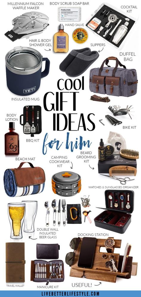 Gift guide for him - Best holiday gift ideas for men, perfect for husbands, dads, friends or co-workers. Men's Birthday Gifts, Work Gifts For Men, Best Christmas Gifts For Him, Garage Gifts For Men, Ideas For Men Gifts, 40th Birthday Ideas For Men Husband Unique Gifts, Mens Gift Basket Ideas Christmas, 40th Gift Ideas For Men, Men Gifts For Christmas