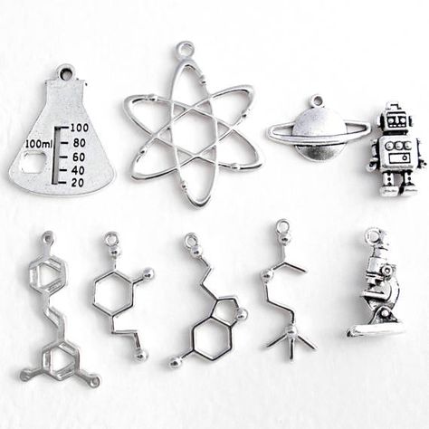 Silver Science Charms: Add Molecules Atom Laboratory Tools Chemistry Symbols, Laboratory Tools, Chemistry Jewelry, Geeky Jewellery, Science Jewelry, Medical Jewelry, Dainty Diamond Necklace, Real Gold Jewelry, Diamond Solitaire Necklace