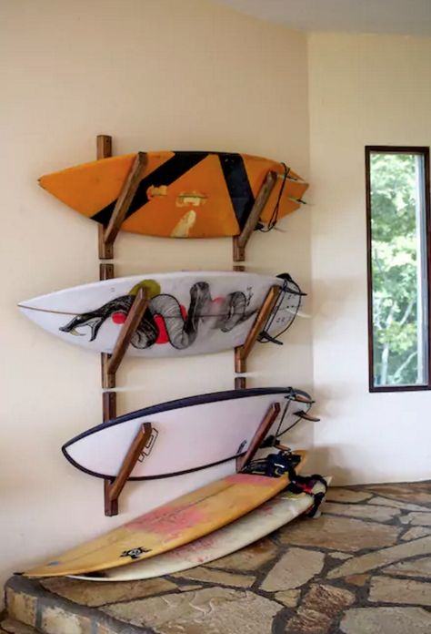 Surf Storage Ideas, Surf Board Rack Diy, Diy Paddle Board Rack, Diy Surfboard Rack, Surf Rack Wall, Surf Board Storage, Board Rack Diy, Paddle Board Rack, Surf Board Rack