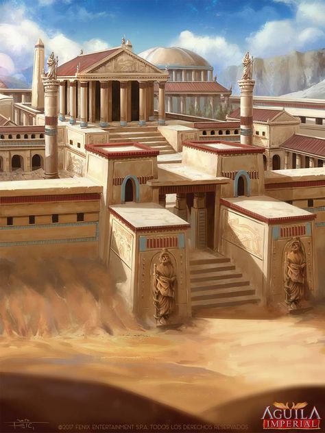 Serapeum of Alexandria by Feig-Art Desert Architecture Ancient, Egyptian Palace Concept Art, Ancient Egypt Palace, Desert Palace Concept Art, Ancient Egypt City, Ancient Egyptian Palace, Imaginary Architecture, Egyptian Palace, Desert Palace