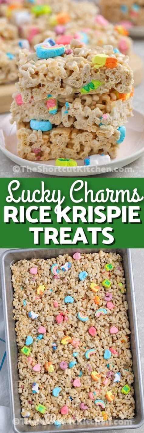 Add a touch of green to your St. Patrick’s Day with these Lucky Charms Rice Krispie treats! This easy recipe combines both cereals with melted mini marshmallows and butter. Simply fold everything together with some food coloring, let it cool, then cut into squares for a deliciously enchanting celebration. #luckycharmsricekrispietreats #theshortcutkitchen #luckycharmsricekrispietreatsmicrowave #luckycharmsricekrispietreatsgreen Green Rice Krispie Treats, St Patrick Day Snacks, Lucky Charms Treats, Sant Patrick, Homemade Rice Krispies Treats, Rice Crispy Treats Recipe, St Patrick Day Treats, Krispie Treats Recipe, Rice Krispies Treats