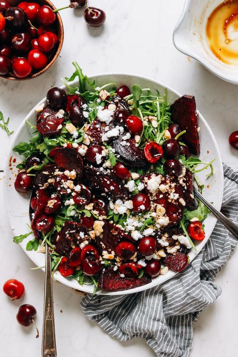 Beet and Cherry Salad with Balsamic Vinaigrette! 30 minutes, sweet, tart, and SO fresh! #minimalistbaker #recipe #plantbased #beet #cherry #salad Salad With Balsamic Vinaigrette, Cherry Salad, Balsamic Vinegar Dressing, Cherries Salad, Roasted Beet Salad, Recipe Salad, Vinegar Dressing, How To Roast Hazelnuts, Cherry Recipes