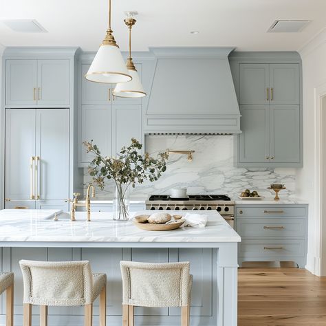 25 Timeless Kitchen Design Ideas for Lasting Style Kitchens With Blue Accents, Kitchen Ideas Light Colors, Sw Blue Kitchen Cabinets, Light Blue Modern Kitchen, Blue Grey White Kitchen, Light Blue Farmhouse Kitchen, Blue Beige Kitchen, Pale Blue Cabinets Kitchen, Muted Blue Kitchen