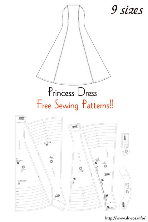 This is the pattern of a Princess Dress. cm size(A4 size) Children's-100,120,140/Ladies'-S,M,L,LL/Men's-L,LL Free Princess Dress Pattern, Barbie Princess Dress Pattern, Simple Clothing Patterns To Sew, Princess Bodice Pattern Free, Princess Dress Patterns Free, How To Make A Dress Pattern Diy, Goth Dress Pattern, Princess Dress Sewing Patterns, Barbie Sewing Patterns Free Printable