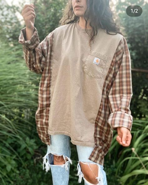 T Shirt Sewing Projects, Hoodie And Flannel Diy, How To Rework Clothes, Sweatshirt Flannel Upcycle, Flannel Sweatshirt Diy, Diy Upcycled Clothes, Quilted Sewing Projects, Refashioned Sweatshirt, Thrift Upcycle Clothes