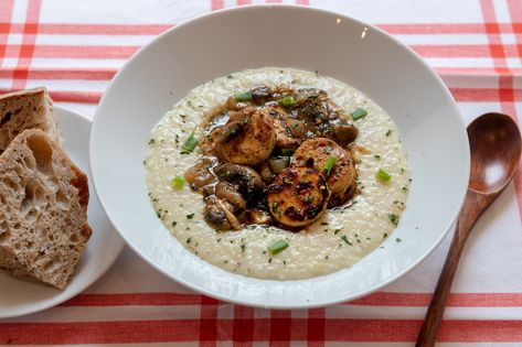 Southern Tofu Scallops and Grits — 86 Eats Tofu Scallops, 86 Eats, Vegan Scallops, Southern Shrimp And Grits, Tofu Ricotta, Vegan Worcestershire Sauce, Tofu Dishes, Shrimp And Grits, Bar Food