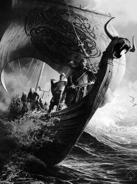 Nordic Ship Tattoo, Norse Ship Tattoo, Jormangundr Tattoo, Viking Battle Tattoo, Viking Drawing Warriors, Viking Ship Tattoo Design, Viking Boat Tattoo, Viking Art Drawing, Viking Warrior Art