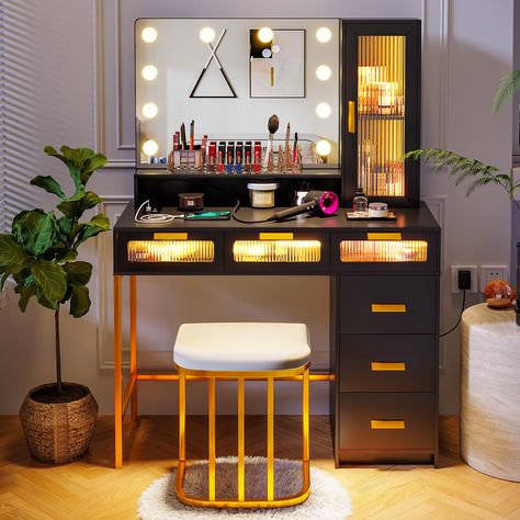 PRICES MAY VARY. 🎁【Dresser with Charging Station】 This vanity has 2 power sockets + USB + Type-C interface to allow you to charge your electronic products in a timely manner. You can also sit directly in front of this lighted dressing table and easily style your hair with a curling iron or hair dryer. 🎁【Human Body Sensing Function】This vanity table is equipped with a human body sensing function switch. When you turn on the human body function, it will automatically light up when you approach i Makeup Vanity With Lights, Vanity With Lights, Modern Vanity Table, Kitchen Appliance Set, Makeup Vanity Lighting, Padded Stool, Vanity Benches, Makeup Desk, Vanity Table Set