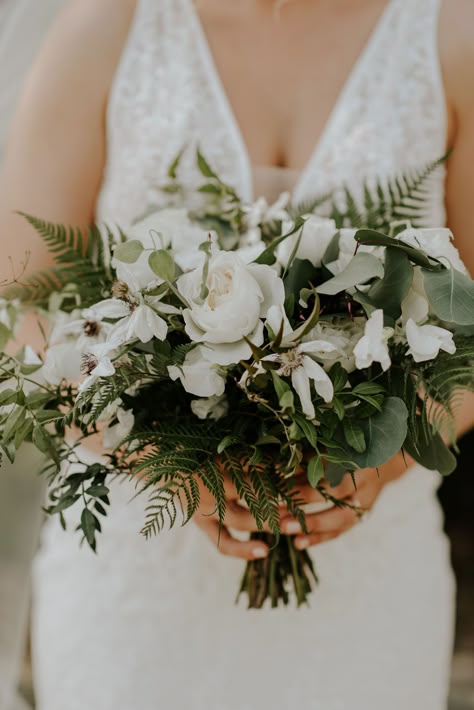 Wedding Flowers With Ferns, White Rose And Fern Bouquet, Leafy Bridal Bouquet, Wedding Bouquets With Lots Of Greenery, Greenery And White Bridal Bouquet, Sage Green Wildflower Bouquet, Bridal Bouquet With Ferns, Wedding Bouquet With Ferns, Forest Green Wedding Flowers