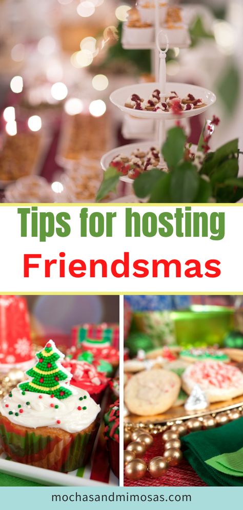 Tips for hosting a fabulous Friendsmas party that your friends will enjoy. Food, drink and, activities to keep everyone happy. Friendsmas Party Food Ideas, Holiday Party With Friends, Christmas Friends Party Food, Hosting A Christmas Party Ideas, Friendmas Party Food, Poke A Turkey Game, Girls Christmas Luncheon Ideas, Christmas Brunch Ideas Party Friends, Girls Friendsmas Party Ideas