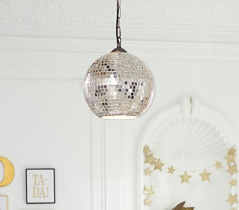 Emily & Meritt Disco Pendant Mirror ball hanging pendant light. Inspired by a sparkling disco ball, hand-blown pendant fills their room with playful and whimsical style to brighten your room. Wall Light Sconces, Disco Ball Light, White Console Table, Emily And Meritt, Girls Playroom, Nursery Lighting, Mirror Ball, Nursery Essentials, Lamps For Sale