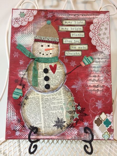 Snow much Fun making this Mixed Media Snowman Canvas! Multi Media Christmas Art, Mixed Media Snowman, Mixed Media Christmas Canvas, Christmas Art Journal Ideas, Winter Mixed Media Art, Christmas Art Journal Pages, Christmas Mixed Media Art, Mixed Media Christmas Art, Mixed Media Canvas Ideas