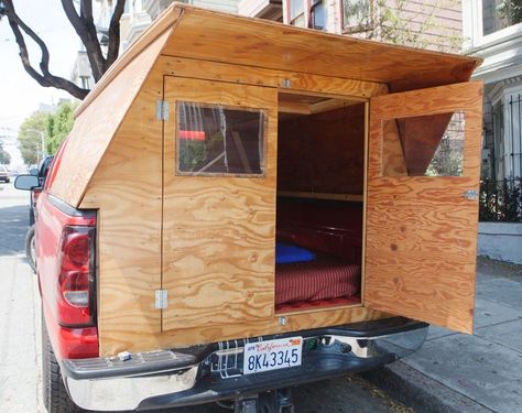 When Chase Lawler wanted a wooden micro camper for the back of his pick up truck, he couldn’t find anyone who sold them or even custom built them. So he decided to design and build his own tr… Diy Truck Camper, Monster Truck Room Decor, Truck Room Decor, Teardrop Camper Interior, Fire Truck Room, Tiny Camper Trailer, Best Truck Camper, Truck Camper Shells, Truck Toppers