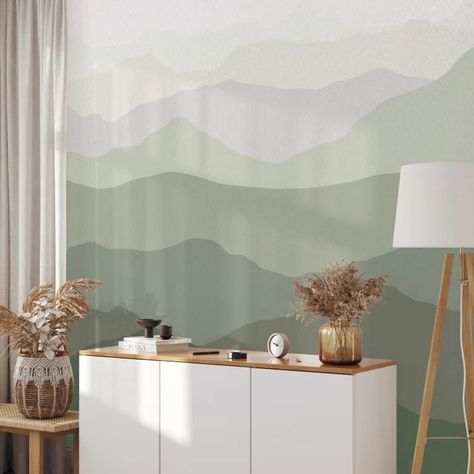 WOWmural - Etsy Green Bedroom Mural, Olive Sage Green, Scandinavian Painting, Peel And Stick Mural, Mountain Wall Mural, Abstract Mountains, Mountain Mural, Room Girls, Scandinavian Bedroom