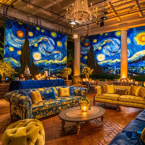 Starry Night Summer Soiree: A Van Gogh-Inspired Gala – A Sparkly Life for Me Sunflower Reception, Gala Fundraiser, Watercolor Party, Candle Luminaries, Night Bar, Reception Furniture, Night Summer, Yellow Colour Scheme, Party Outdoor