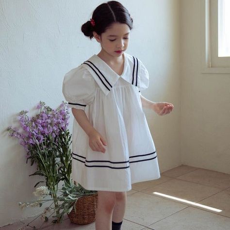 Kids Wear Girls, Korean Brand, Kids Dress Wear, Baby Dress Design, Sailor Fashion, Sailor Dress, Sailor Collar, Sleeve Cuff, Invisible Zip