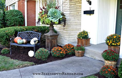 Landscaping Front Yard With Porch, Front Yard With Porch, Fall Potted Plants, Porch Urns, Yard Benches, Repurposed Crafts, Front Porch Flowers, Front Yard Patio, Front Porch Planters