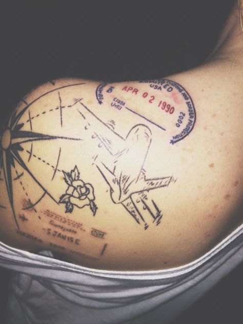 United States and Mexico Passport stamps added to my travel piece! United States Tattoo Ideas, Passport Tattoo, Passport Stamp Tattoo, United States Tattoo, Mexico Passport, State Tattoos, Airplane Tattoos, Omerta Tattoo, Back Of Shoulder Tattoo