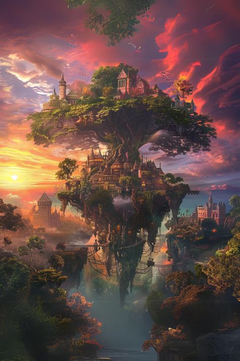 I'd totally live here if the WiFi signal isn't as magical as the sunset.
Prompt: A fantasy world with floating islands, magical forests and castles, a colorful sunset sky in the background, a giant tree trunk at its center that leads to various cities on different levels of land. The scene is and detailed, showcasing intricate architecture and lush greenery. It's an enchanting landscape filled with magic and adventure., focus on face, hyper realistic
Style: Photography, architecture, Tree Castle Fantasy Art, Fantasy World Forest, Enchanting Landscape, Intricate Architecture, Floating Islands, City Island, Magical Tree, Hidden Images, Colorful Sunset