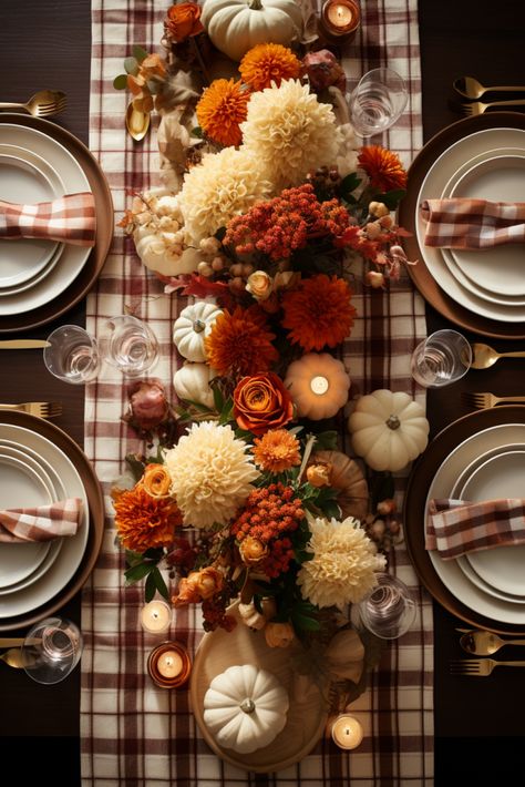 Plaid Table Runners: Simple Sophistication Add a touch of simple sophistication with plaid table runners. Explore easy ways to style your Thanksgiving table for a cozy and elegant celebration. Diner Table Fall Decor, Natal, Fall Dinner Hosting, Fall Table Inspiration, Fall Diner Aesthetic, Thanksgiving Football Aesthetic, Thanksgiving Fall Table Decor, Classic Thanksgiving Table, Fall Picnic Decorating Ideas