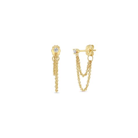 14k gold prong set round diamond earrings with two cable chain loops draped underneath that connect to the earring back. Yellow Gold Round Earrings With Cable Chain, Yellow Gold Cable Chain Earrings, Fine Jewelry, Yellow Gold Cable Chain Earrings Fine Jewelry, Round Diamond Earrings, Chain Diamond, Chain Loop, Double Chain, Huggie Earrings, Earring Backs