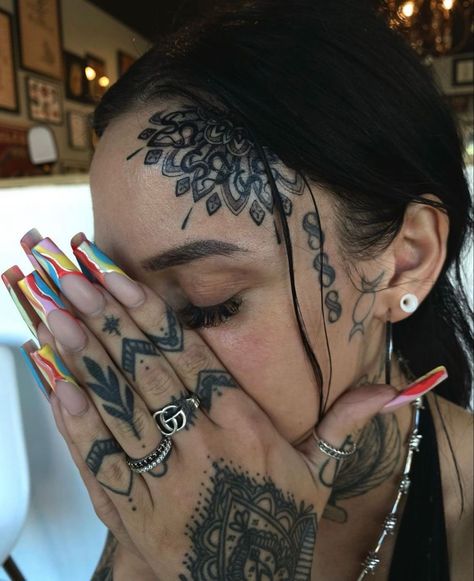 Mandala Face Tattoo, Tattoo Ideas For Woman, Sarah Tattoo, Half Mandala Tattoo, Gothic Tattoos, Emo Tattoos, Mandala Hand Tattoos, Face Tattoos For Women, Unique Tattoo Ideas